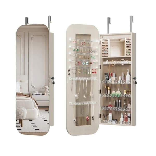 White 14.5 in. W x 47.2 in. H Wood Full-Length Mirror Jewelry Armoire Organizer, Door/Wall Mount, Lockable Storage