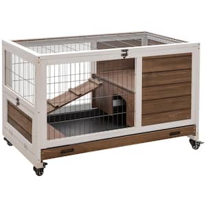 Wooden Indoor Rabbit Hutch Elevated Cage Habitat with No Leak Tray Enclosed Run with Wheels - Small