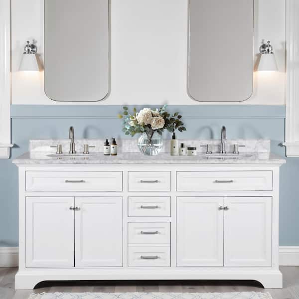 Windlowe 73 in. Double Sink White Bath Vanity with White Carrara White Marble Top (Assembled)