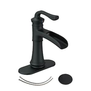 Waterfall Single Handle Single Hole Bathroom Faucet, Lavatory Sink Faucet for 1 or 3-Holes with Drain in Matte Black