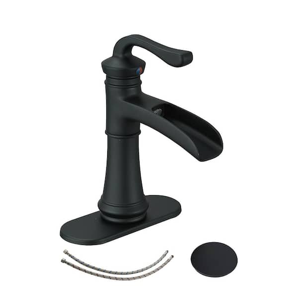Unbranded Waterfall Single Handle Single Hole Bathroom Faucet, Lavatory Sink Faucet for 1 or 3-Holes with Drain in Matte Black