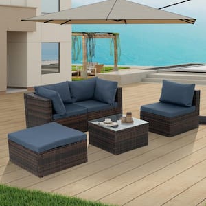 5-Piece Wicker Patio Conversation Set with Tempered Glass Coffee Table, Seasonal PE Wicker Furniture, Blue Cushions