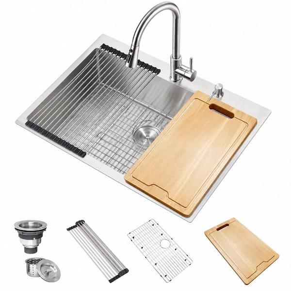 31 in. Drop-In Single Bowl 16-Gauge T304 Stainless Steel Deep Kitchen Sink with Cutting Board, Grid and Drain