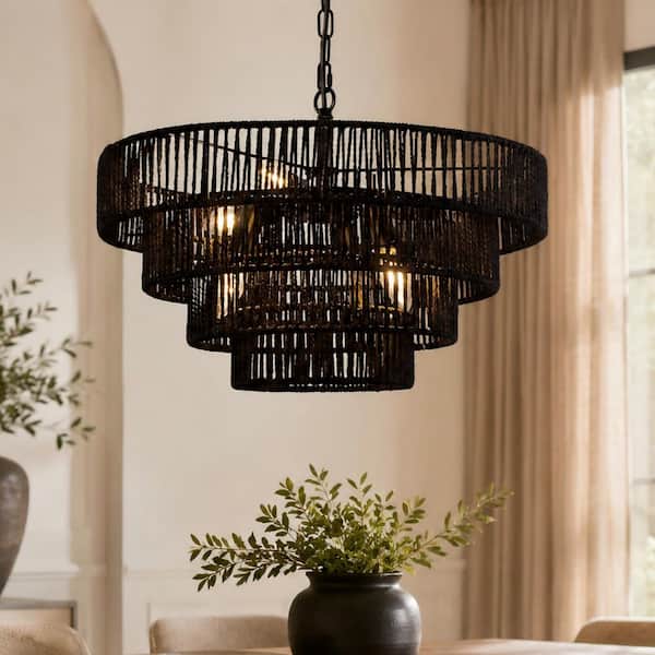 Emeritpro Boho 6-Light Black Rattan Tiered Round Chandelier for