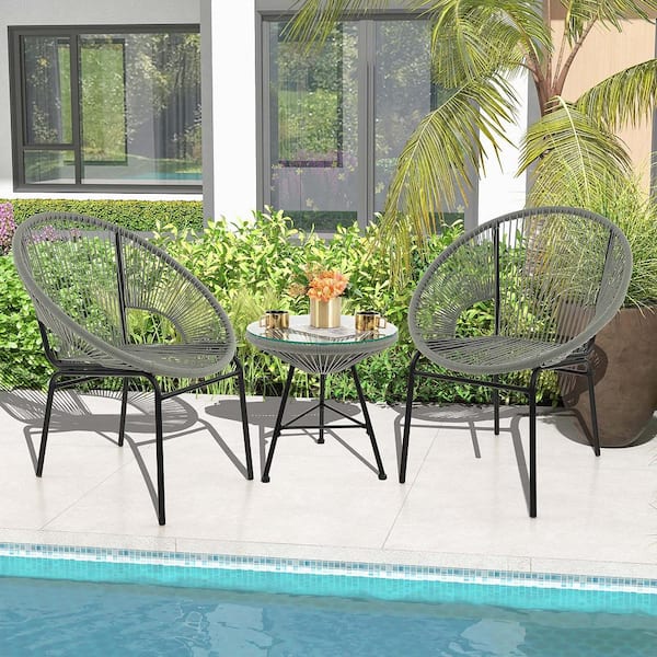 3PCS Patio Acapulco Furniture Outdoor Bistro Set Plastic Rope Glass Table Grey