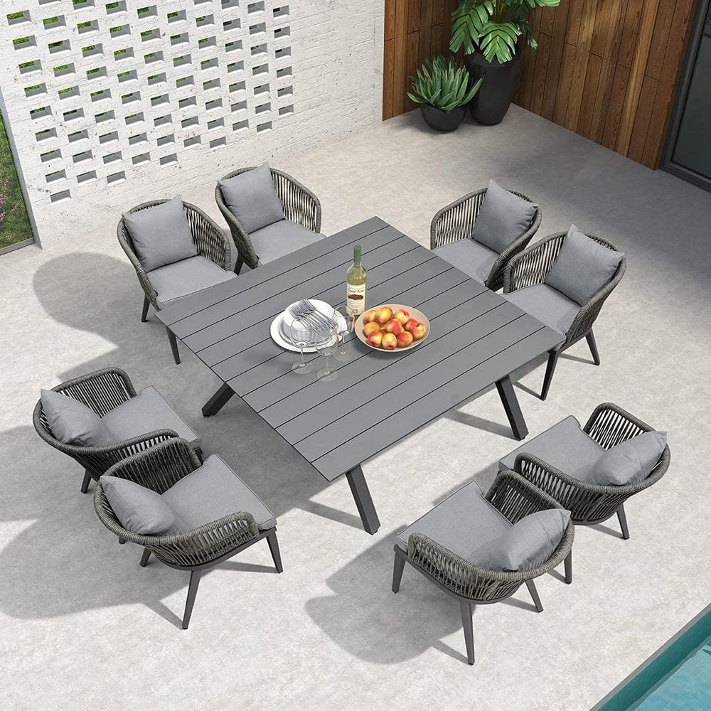 9-Piece All-Weather Wicker Outdoor Dining Set with Square Table All Aluminum and Grey Cushions for Garden Backyard Deck -  PURPLE LEAF, ZP04DSH09AW155