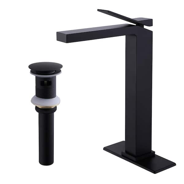 FLG Single Handle Vessel Sink Faucet with Pop-Up Drain Assembly 1 Hole Brass Bathroom High Tall Taps in Matte Black