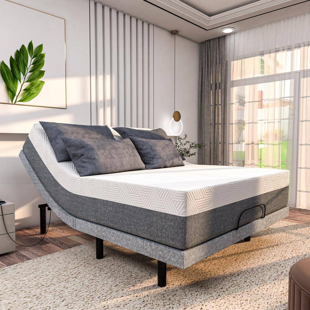 Twin Adjustable Metal Frame Bed with Upholstered Headboard