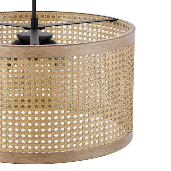 Beau 3-Light 60-Watt Matte Black Shaded Pendant-Light with Natural Wood Finish Shade