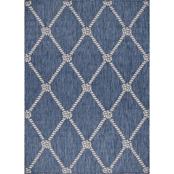 Unbranded Naira Nautical Navy Blue/White 3 ft. x 5 ft. Knot Polypropylene Indoor/Outdoor Area Rug