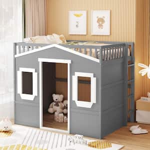Gray with White Full Size Wood House Loft Bed with Ladder