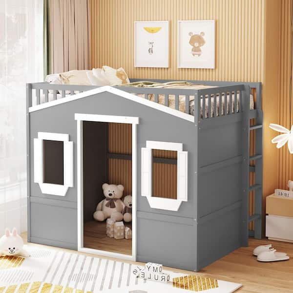 Harper And Bright Designs Gray With White Full Size Wood House Loft Bed