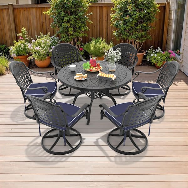 7-Piece Black Cast Aluminum Patio Outdoor Dining Set with Round Table and 6 Swivel Dining Chairs, Blue Cushions