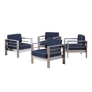 Cape Coral Silver Armed Metal Outdoor Lounge Chairs with Canvas Navy Sunbrella Cushions (4-Pack)
