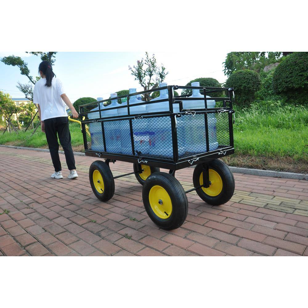 Large Black and Yellow Metal Garden Cart with Pneumatic Tires