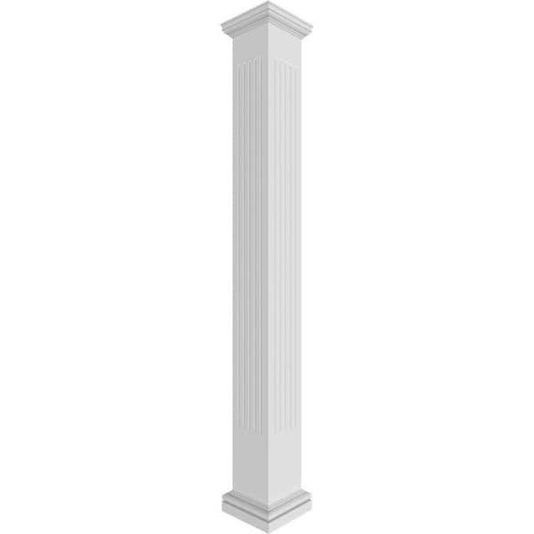 Ekena Millwork 9-5/8 in. x 10 ft. Premium Square Non-Tapered, Fluted PVC Column Wrap Kit, Tuscan Capital and Base