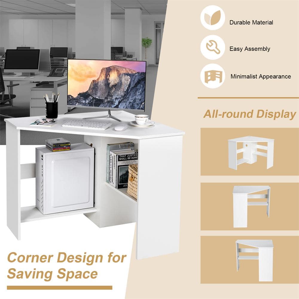 White Wood Corner Computer Desk with Storage Shelves