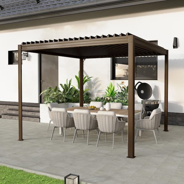 10 ft. x 10 ft. Aluminum Frame Louvered Pergola with Adjustable Roof, Efficient Drainage System in Brown