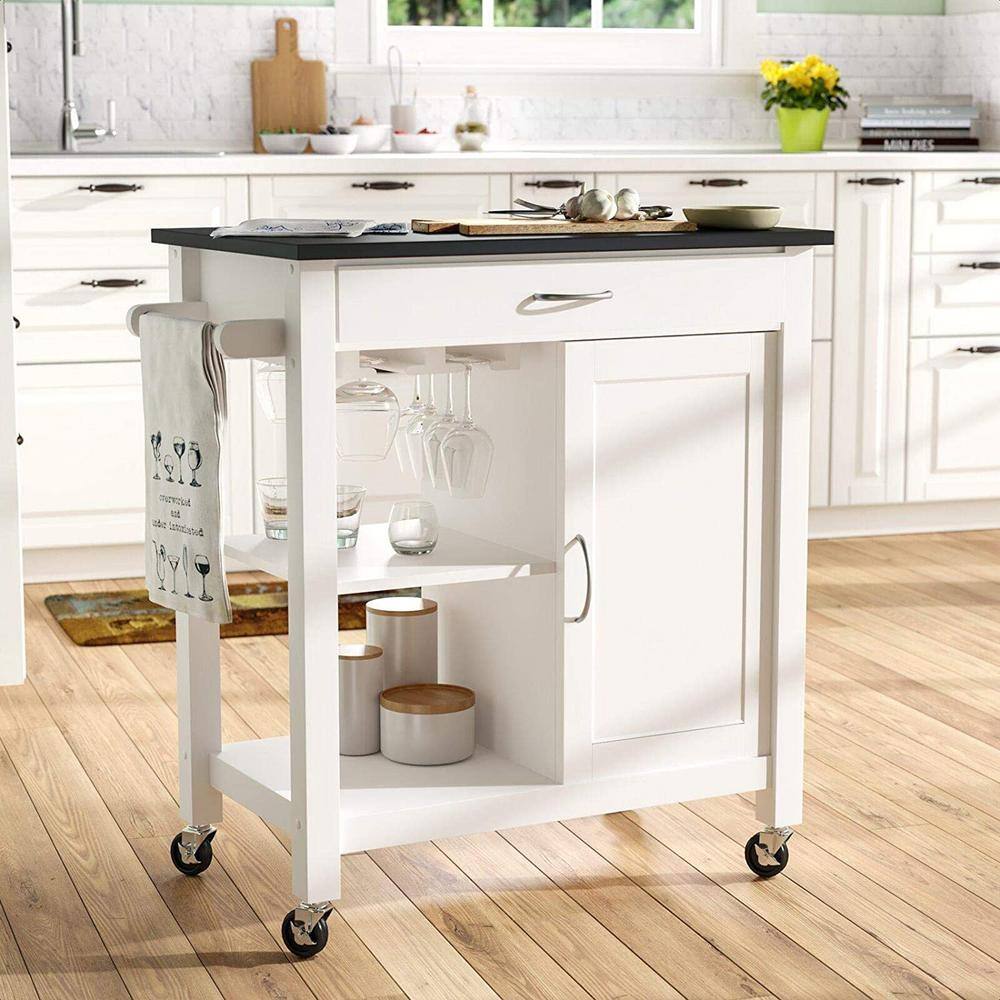 Hooseng Perise White and Black Kitchen Island Cart with Storage