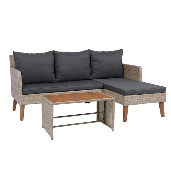 3-Piece Natural Yellow Wicker Outdoor Sectional Sofa Set with Dark Gray Cushions for Balcony Porch Garden