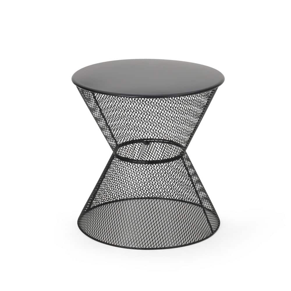 はに Black Round Metal 18.25 in. H Outdoor Side Table with