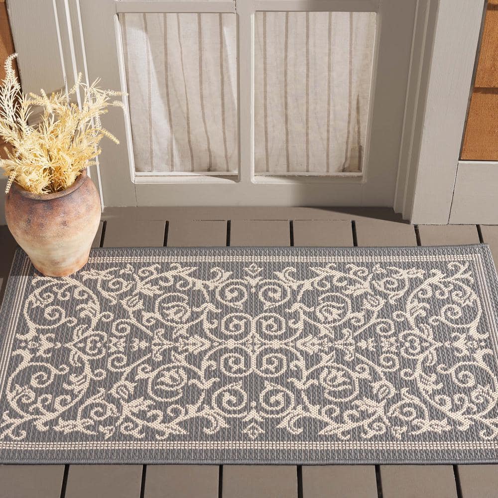 Grey and Natural Baroque Print Rectangular Synthetic Outdoor Rug