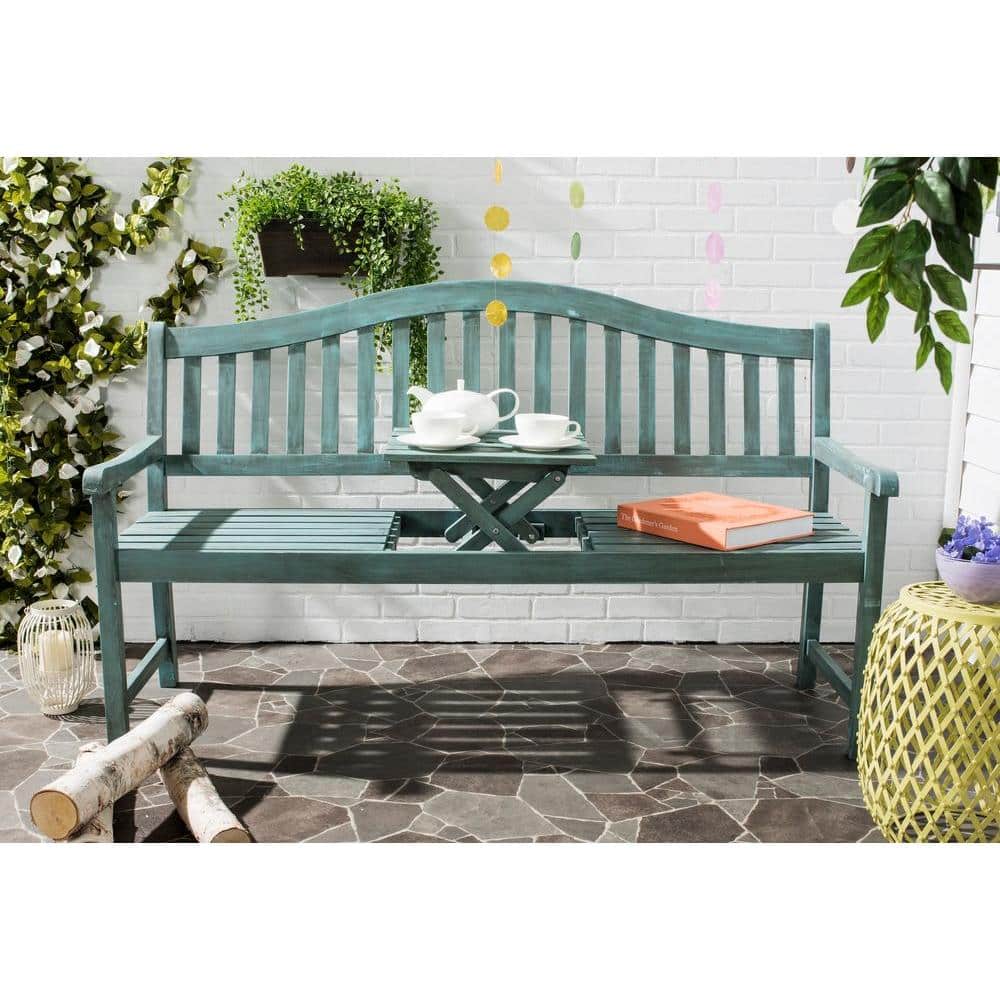 Beach House Blue Acacia Outdoor Bench with Pop-Up Table