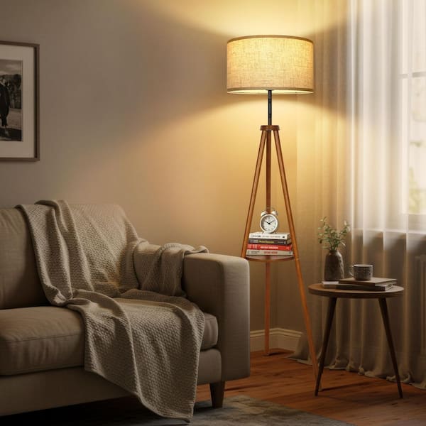 BICIK 61 in. Walnut 1-Light Dimmable Tripod Floor Lamp for Living Room with Linen Drum Shade