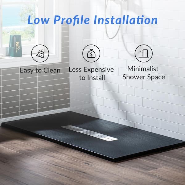 ᐅ【WOODBRIDGE 60-in L x 36-in W Zero Threshold End Drain Shower Base with  Center Drain Placement, Matching Decorative Drain Plate and Tile Flange,  Wheel Chair Access, Low Profile, Black-WOODBRIDGE】