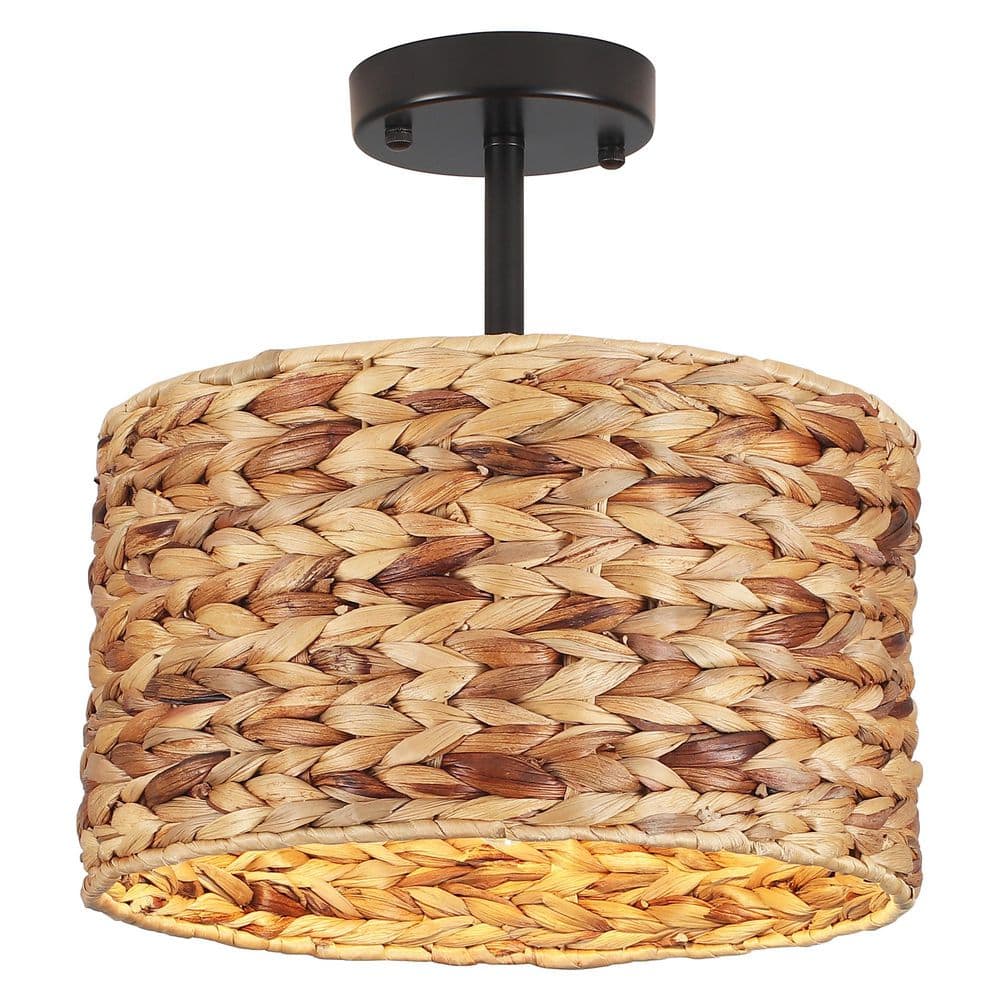20.66 in. 1-Light Drum Natural Rattan Semi-Flush Mount Ceiling Light with Black Canopy price history on PriceWatchPro