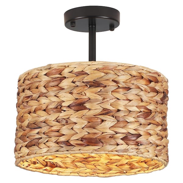 20.66 in. 1-Light Drum Natural Rattan Semi-Flush Mount Ceiling Light with Black Canopy