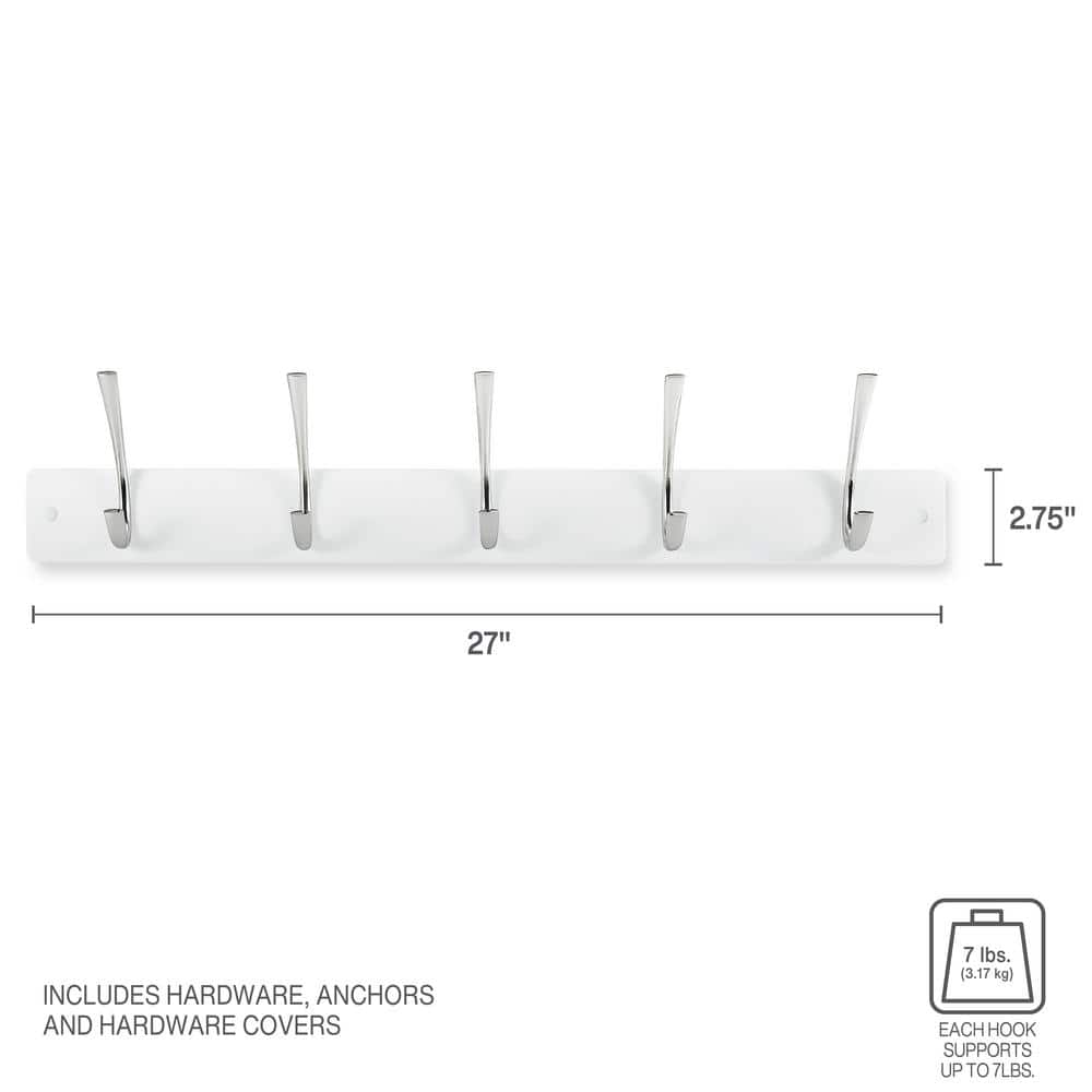 White Wall Mounted Coat Rack with 5 Metal Hooks