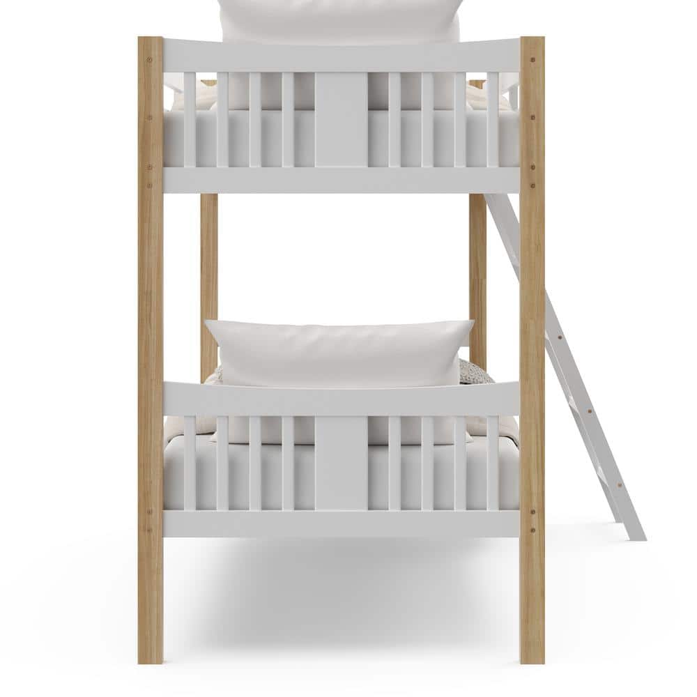 White and Natural Twin Bunk Bed with Wood Frame and Drawer