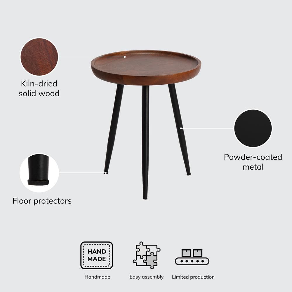 Handcrafted Mango Wood & Metal Round Side Table - 15.75"
