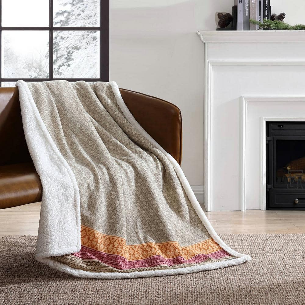 Cozy Sherpa-Fleece Reversible Throw Blanket, 50" x 60", Khaki