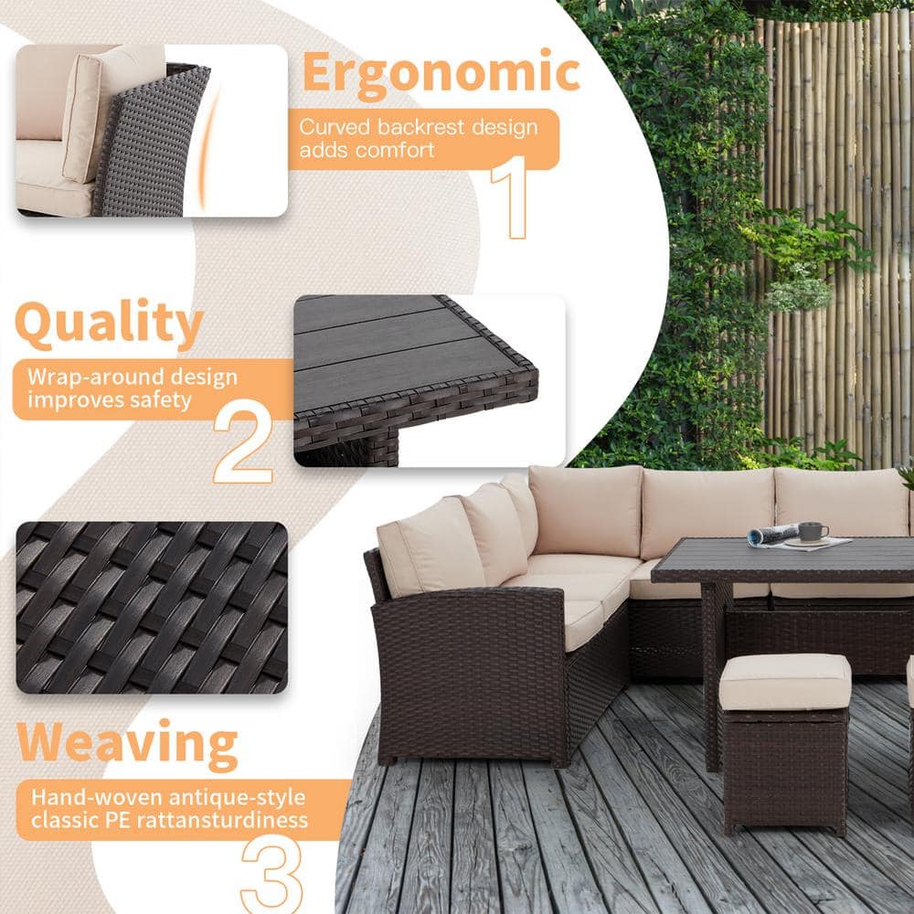 AECOJOY 7-Pieces Patio Brown Wicker Furniture Set with Beige Cushions - 3