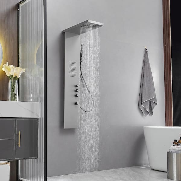 3-in-1 1-Jet Wall-Mounted Stainless Steel Shower Panel System with Rainfall Head in Brushed Nickel