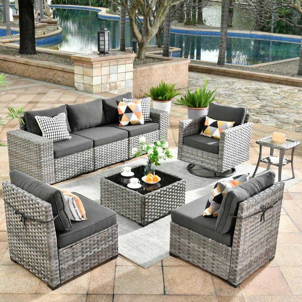 HOOOWOOO Tahoe Grey 8-Piece Wicker Wide Arm Outdoor Patio