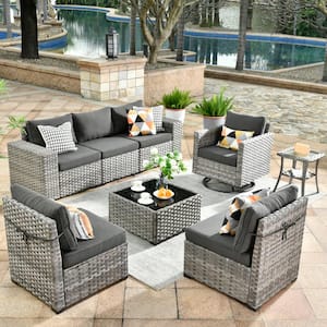 Tahoe Grey 8-Piece Wicker Wide Arm Outdoor Patio Conversation Sofa Set with a Swivel Rocking Chair and Black Cushions