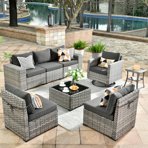 HOOOWOOO Tahoe Grey 8-Piece Wicker Wide Arm Outdoor Patio Conversation Sofa Set with a Swivel Rocking Chair and Black Cushions