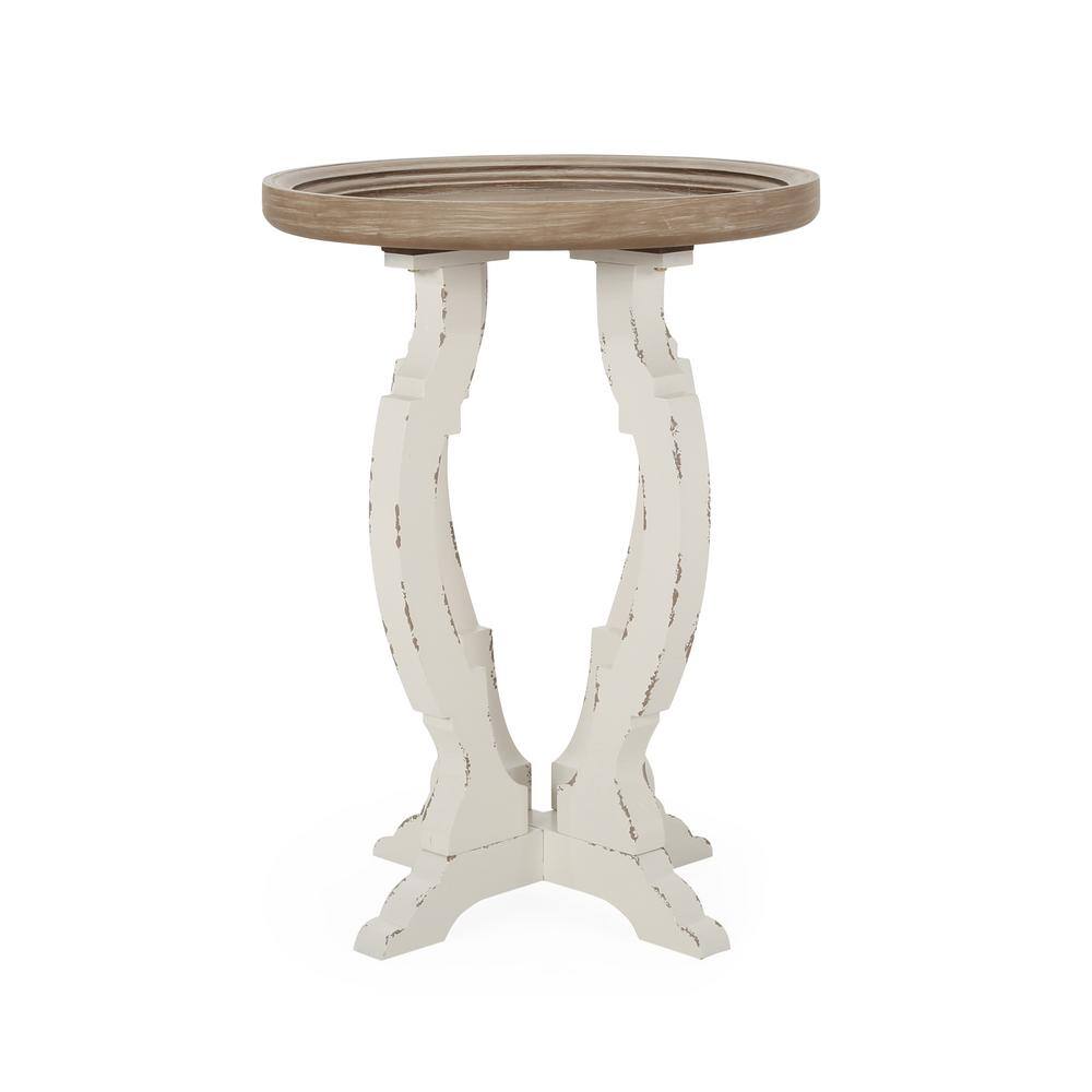 Elegant French Country Round Wood Accent Table in Distressed White