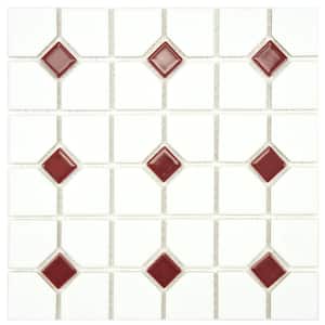 Oxford Matte White with Maroon Dot 11-1/2 in. x 11-1/2 in. Porcelain Mosaic Tile (9.4 sq.ft. /Case)