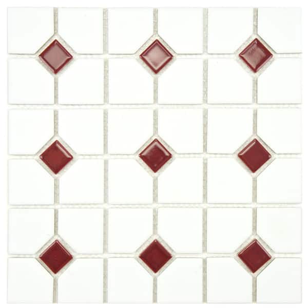 Merola Tile Oxford Matte White with Maroon Dot 11-1/2 in. x 11-1/2 in. Porcelain Mosaic Tile (9.4 sq. ft./Case)