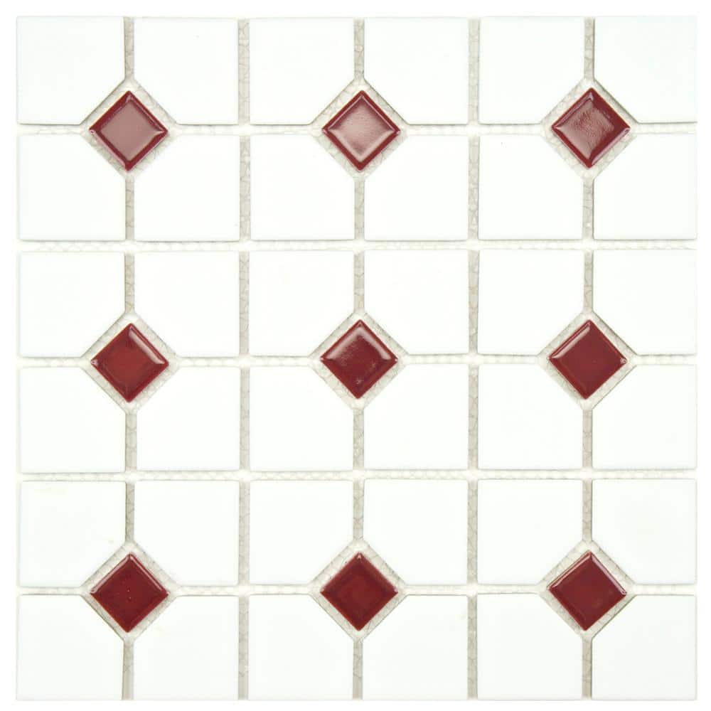 Merola Tile Oxford Matte White with Maroon Dot 6 in. x 6 in. Porcelain Mosaic Take Home Tile Sample, Multi -  S1FKOOX602