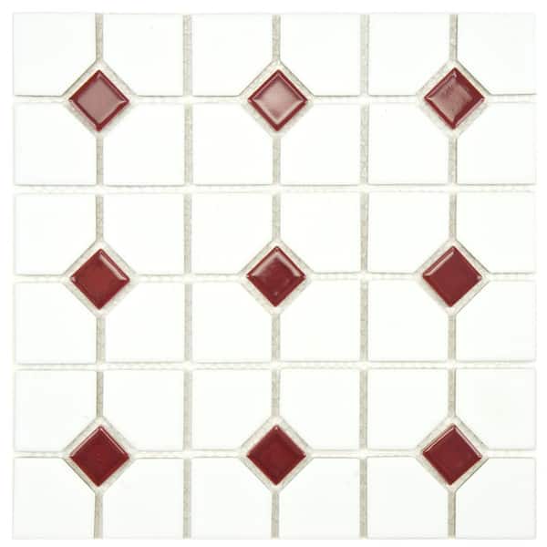 Merola Tile Oxford Matte White with Maroon Dot 6 in. x 6 in. Porcelain Mosaic Take Home Tile Sample