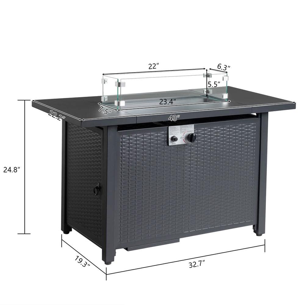 43-Inch Black Stainless Steel Rectangular Gas Fire Pit Table