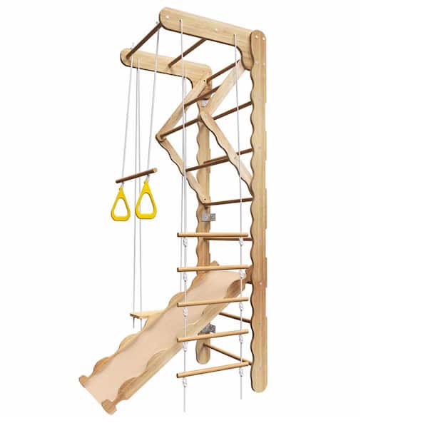 Brown Indoor Toddler Freestanding Climbing Toys, Foldable Indoor Triangle Set, Ladder Climbing Gym Climber