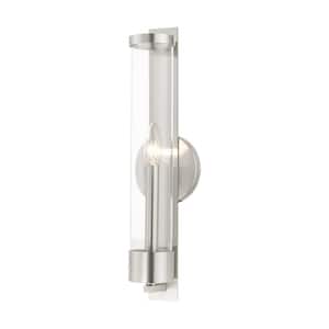 Mayfield 18 in. 1-Light Brushed Nickel ADA Wall Sconce with Clear Cylinder Glass