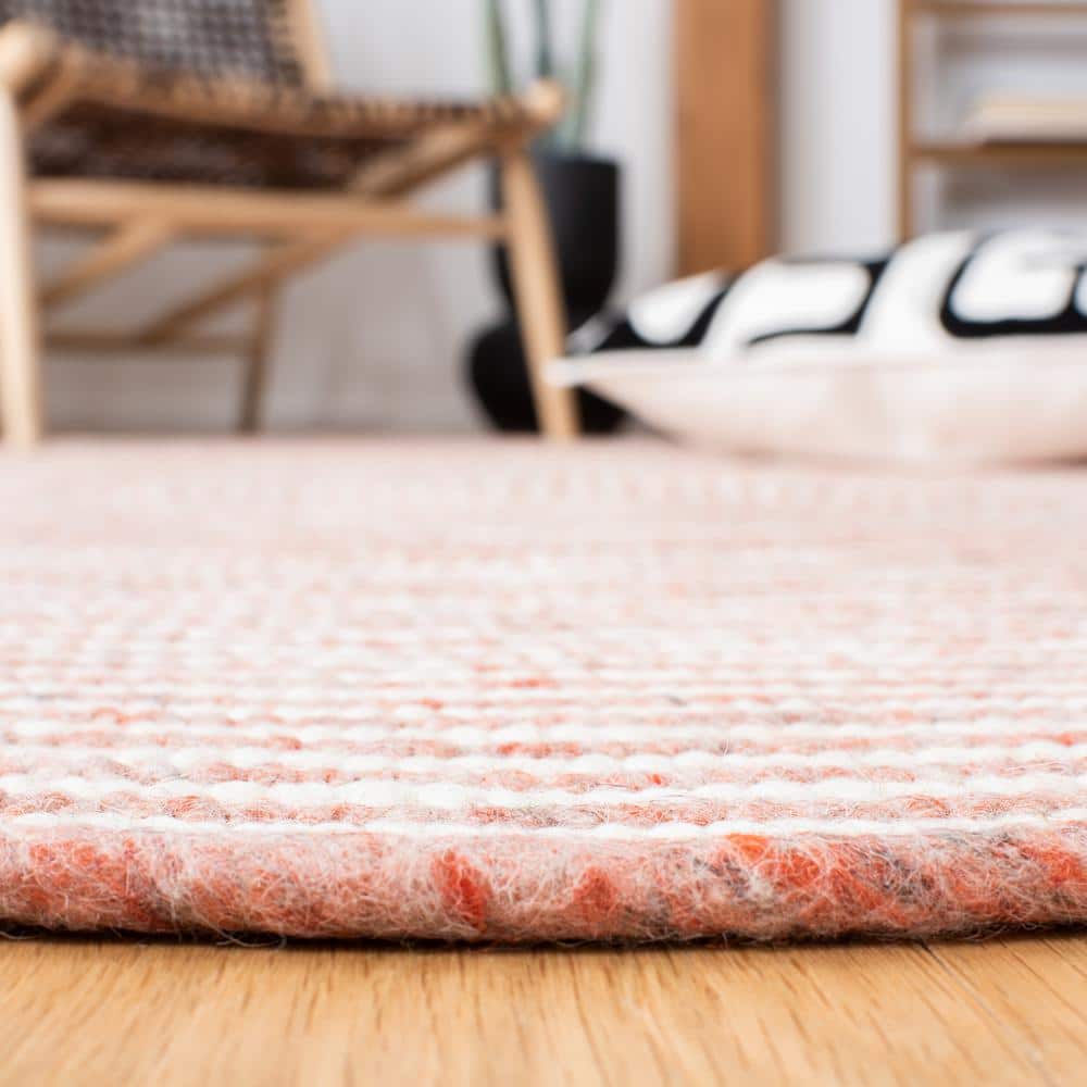 Handwoven Red and Ivory Wool Round Braided Area Rug, 3' x 3'
