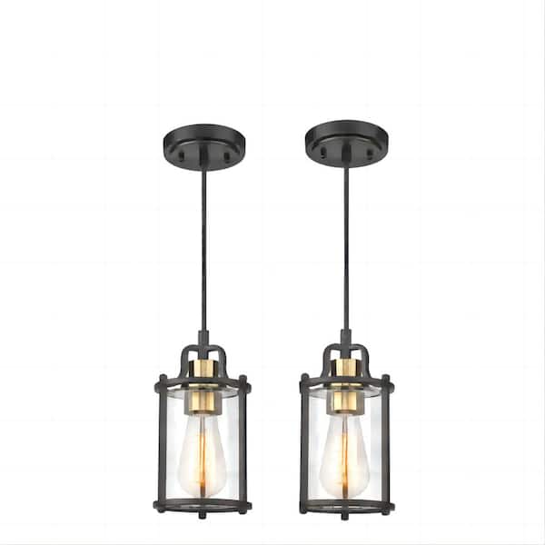 JAZAVA 1-Light Standard Mini Pendant Light Fixture Black and Gold with Clear Glass Shade for Kitchen Dining Room 2-Pack